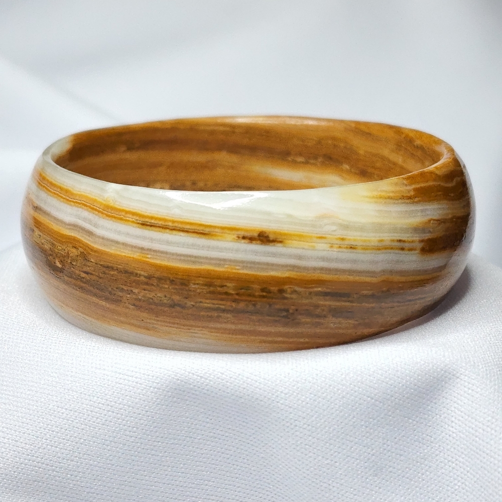 Natural Solid Stone Brown Banded/Striped Agate Quartz Bangle Bracelet
